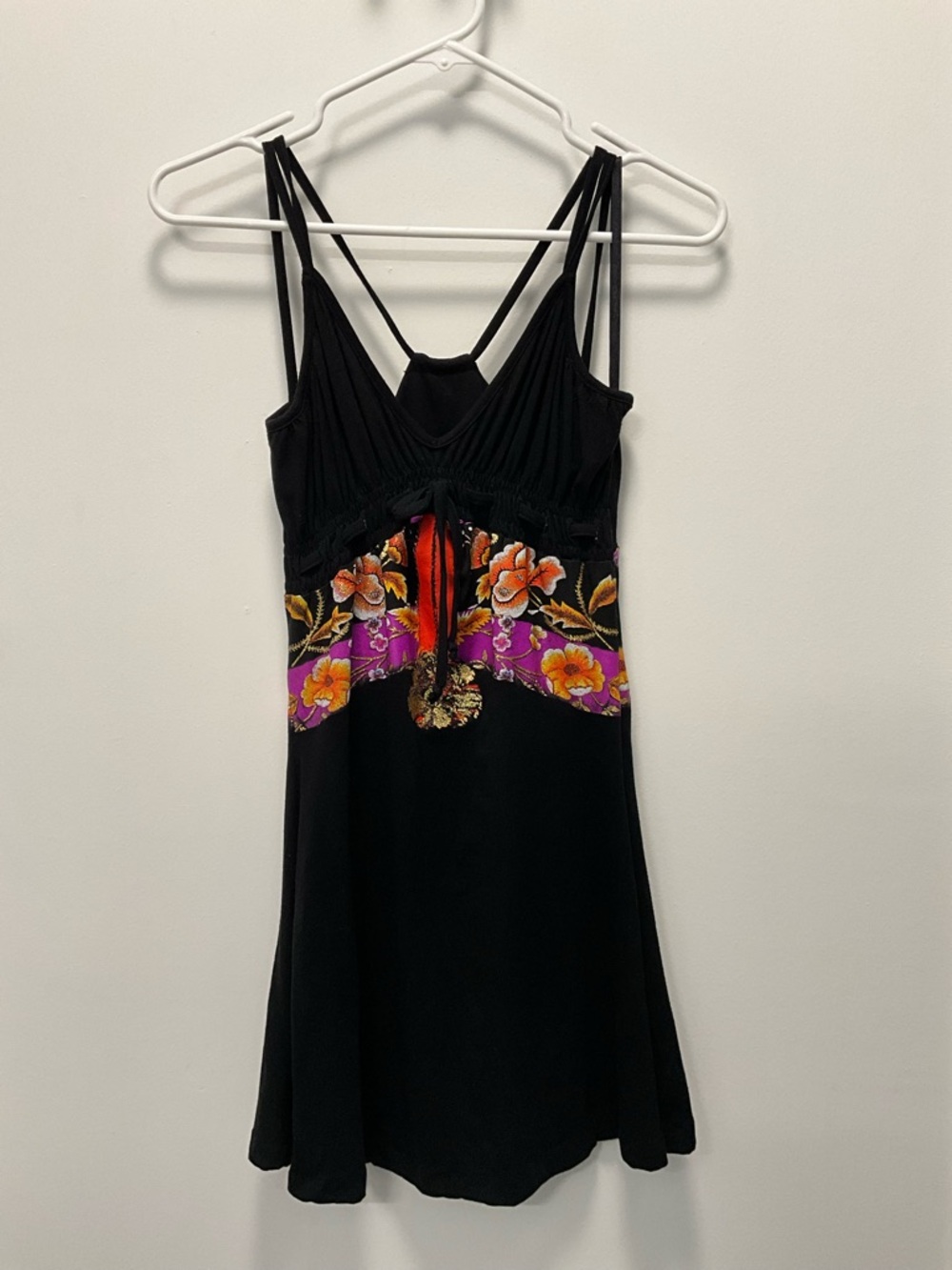 Just Cavalli Black Slip Dress with Red, Purple and Yellow Floral Accents